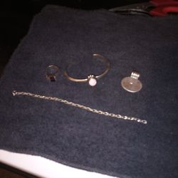 4 Pieces Of Silver Jewelry Amethyst Silver Ring Opal Silver Bangel   Silver Bracelet And Silver Charm And Necklace W Silver Clasp  Weight Is 34.4 Gram