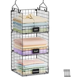 Sonyabecca 3-Tier Hanging Closet Organizer with Name Plate, Clothes Hanging Shelves 5 S Hooks, Wall Mount & Cabinet Foldable Wire Storage Basket, for 