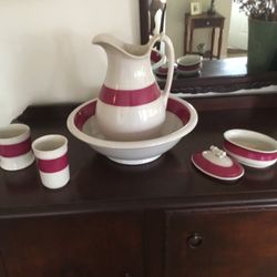   A RARE  COMPLETE  SET ANTIQUE WASHSTAND BOWL/PITCHER/SHAVING MUG / CUP and SOAP HOLDER