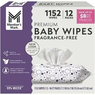 Member's Mark Premium Baby Wipes, Fragrance Free, 12 pk., 1152 Wipes (I have 2)