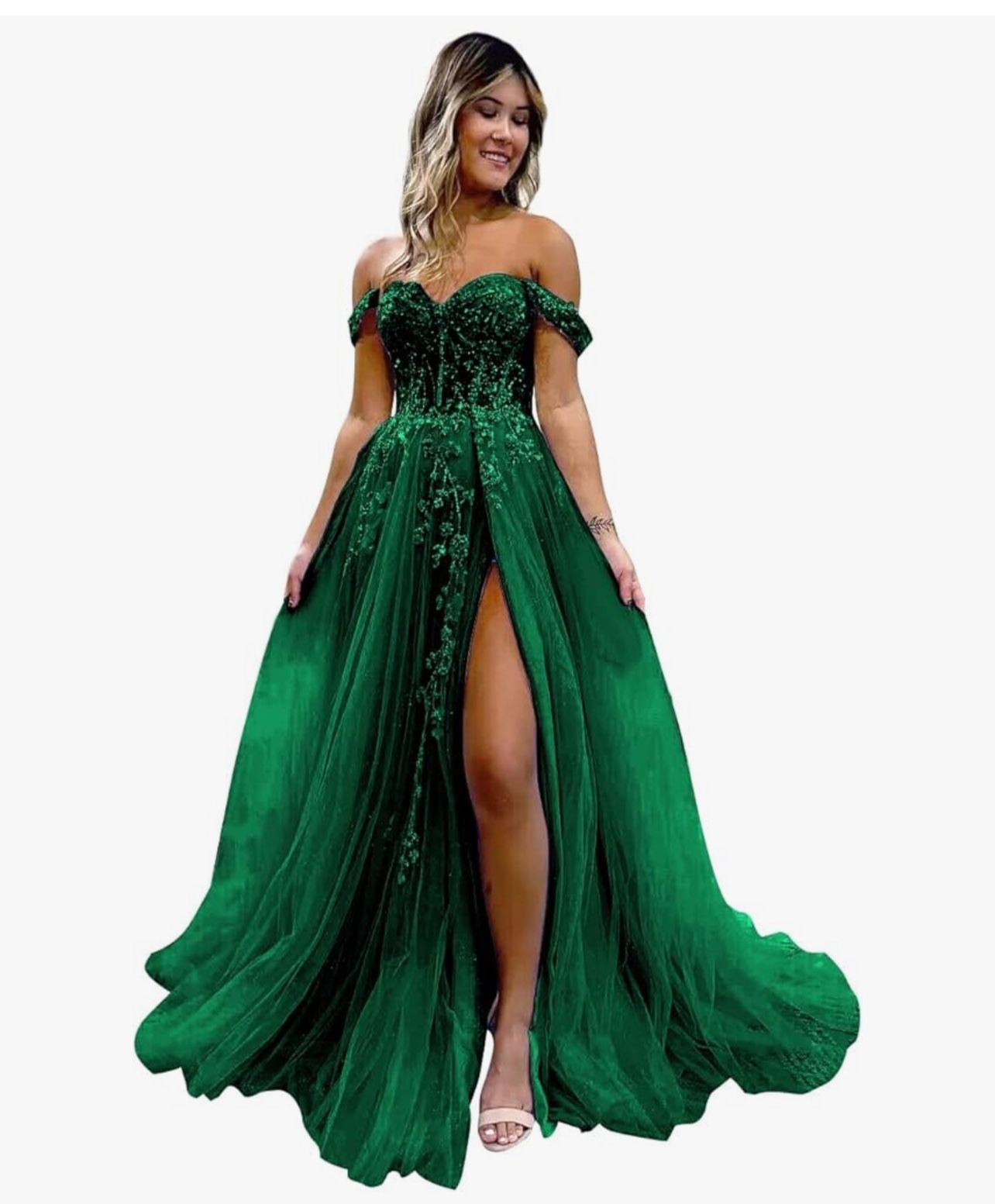 Women's Lace Appliques Tulle Prom Dresses Long Formal Dress Backless Off The Shoulder Homecoming Dresses with Slit