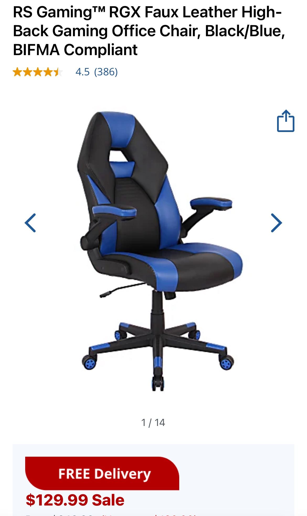 RS Gaming™ RGX Faux Leather High-Back Gaming Office Chair, Black/Blue