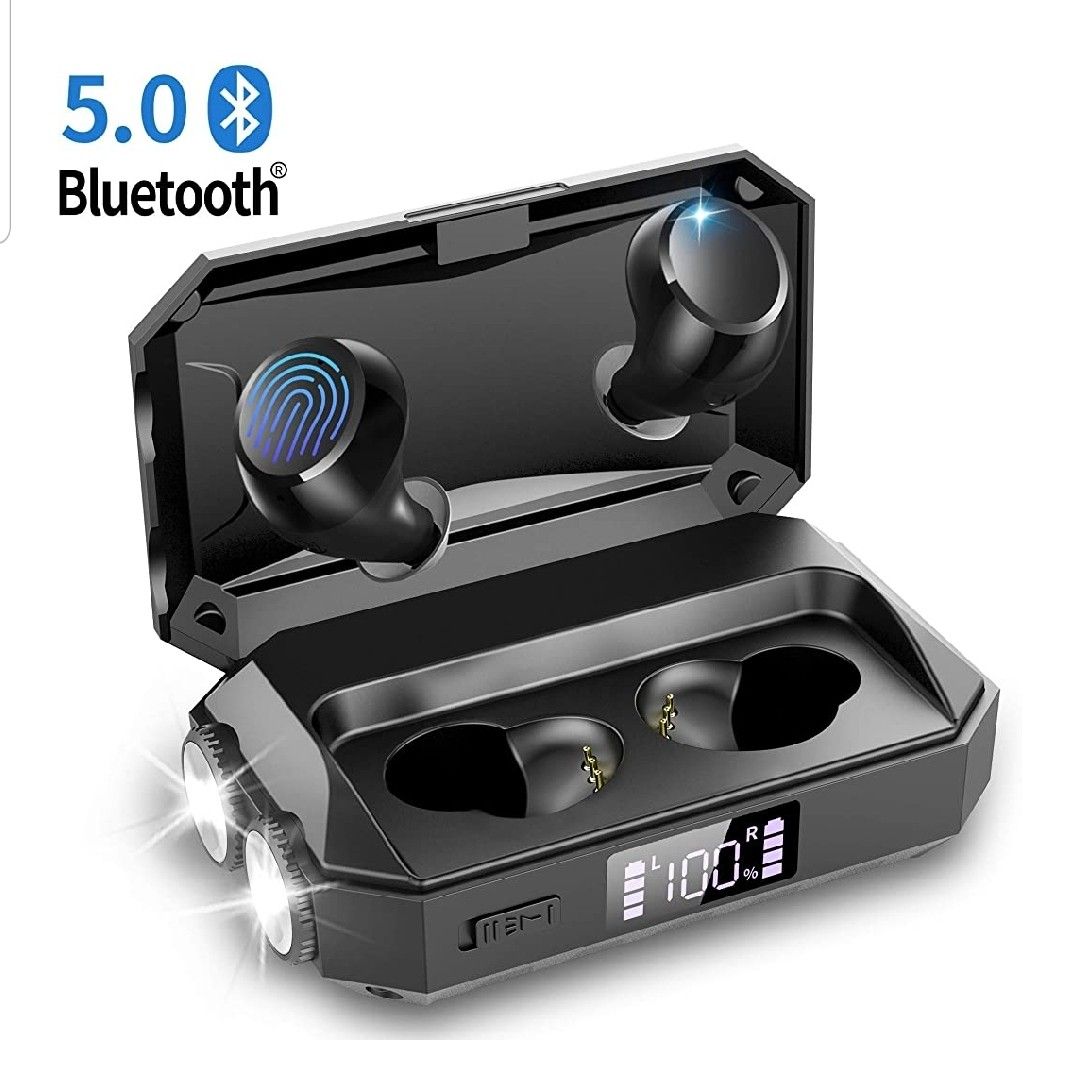 Sealed Box - Wireless Earbuds with Flashlight, Touch Control Bluetooth 5.0 Headphones