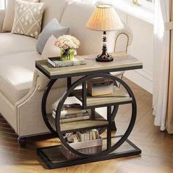 New Grey Small End Table 4-Tier Narrow Side Table Storage Shelves, Industrial Wood Metal Frame
