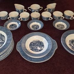 Vintage Currier & Ives By Royal China,  26 Pieces (Incomplete), Featuring The 'Old Grist Mill' Pattern