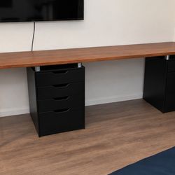 IKEA KARLBY Desk (93”) + 2 ALEX Drawers – Walnut / Black Setup