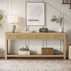 New assembled 70.9 inch Console Table with 3 Drawers, Extra Long Entryway Table, Wood Sofa Table Oak Furniture with Open Storage Shelves Wooden Couch 