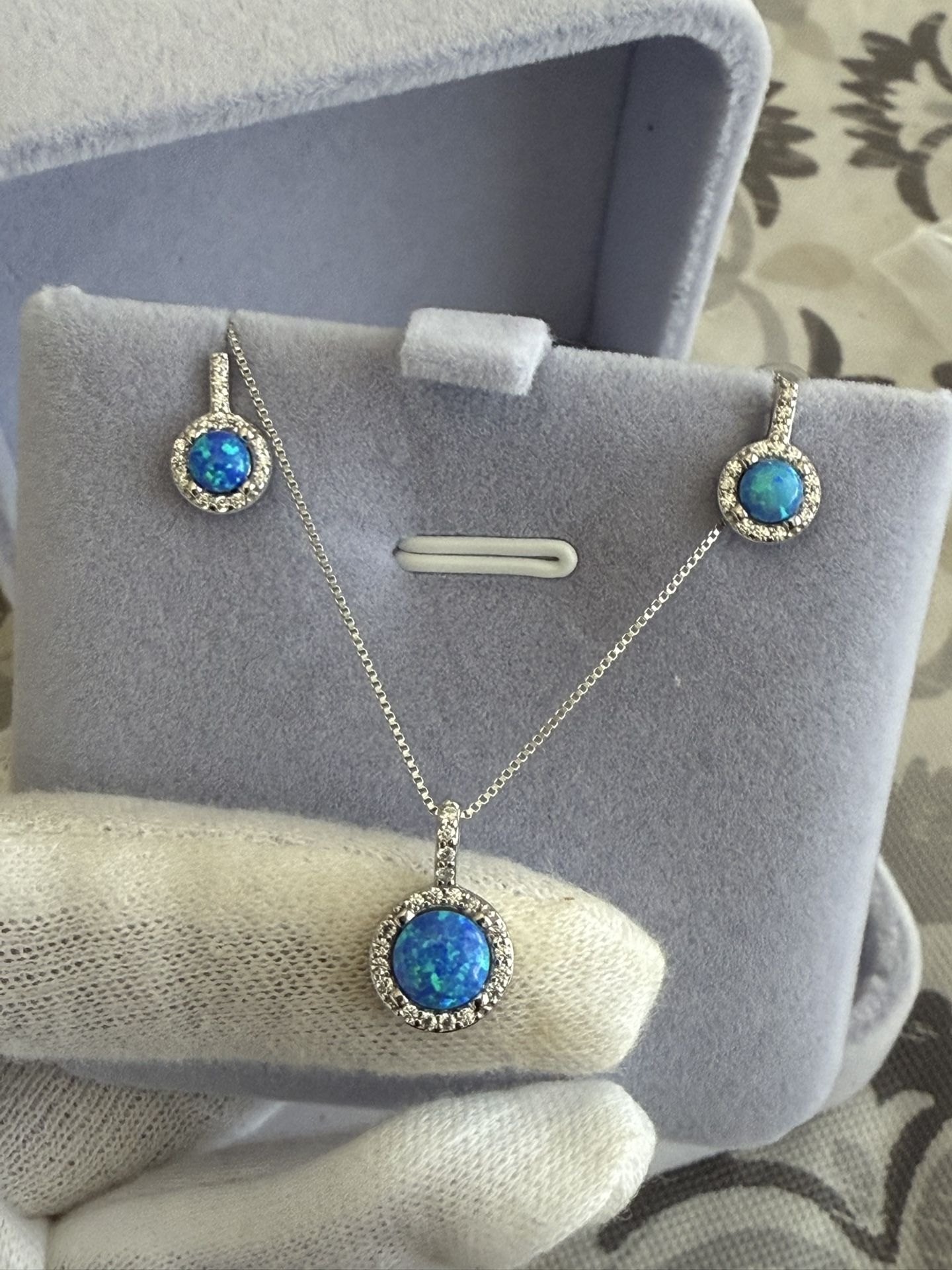Sterling Silver 925 Opal Earrings N Pendant Set
