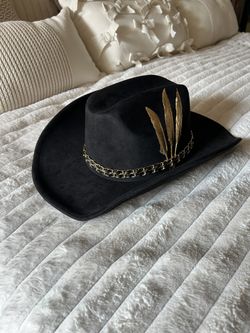 Stunning Custom Made One of a Kind Black and Gold Suede Cowboy Hat with Feather Accent