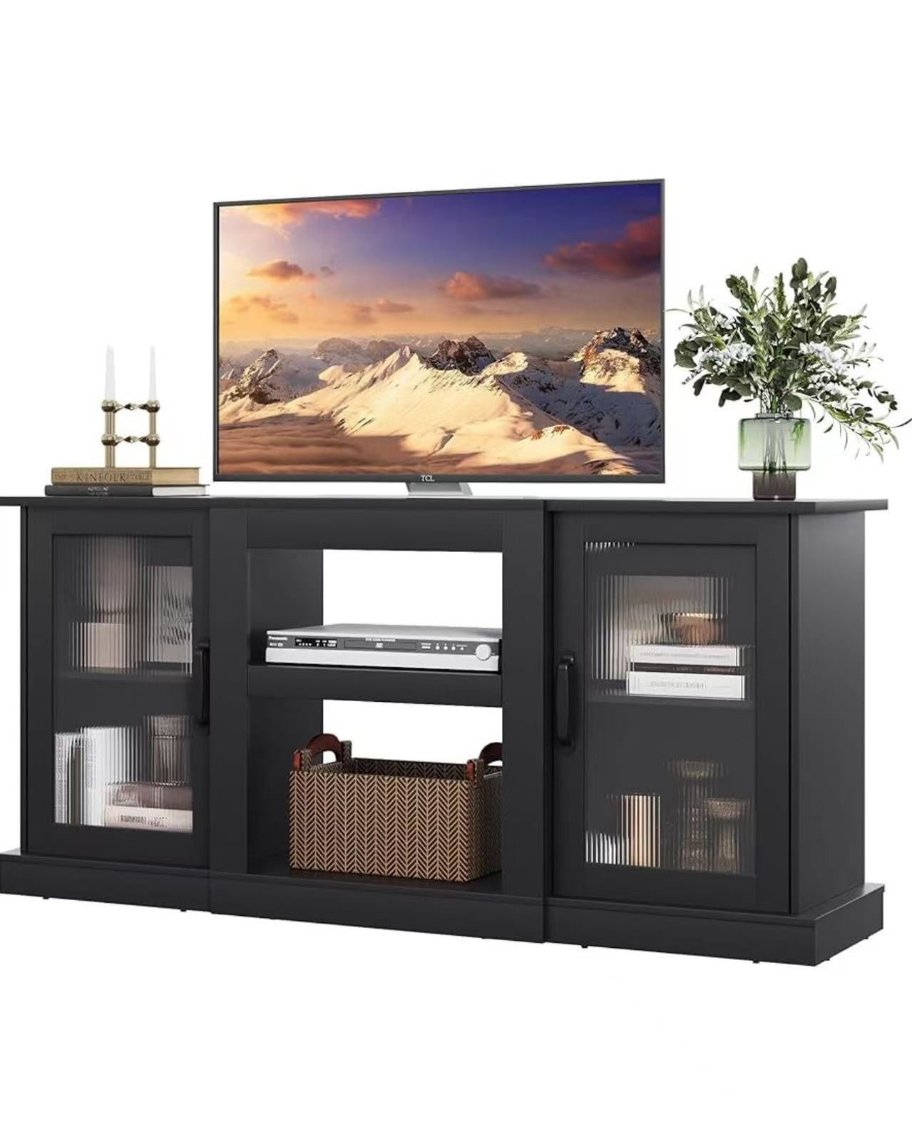 ❤️ Retro TV Stand for 65 inch TV, TV Console Cabinet with Storage, Open Shelves Entertainment Center for Living Room and Bedroom, Black