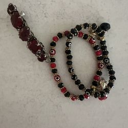 Elegant Red and Black Beaded Bracelet Set