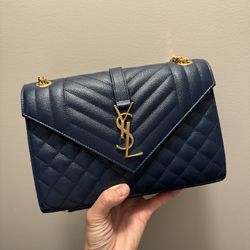 YSL Saint Laurent Envelope Triquilt Medium Shoulder Handbag Navy Dark Blue