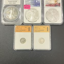 Silver Eagles 🦅 (3) Mercury Silver Dimes (2)