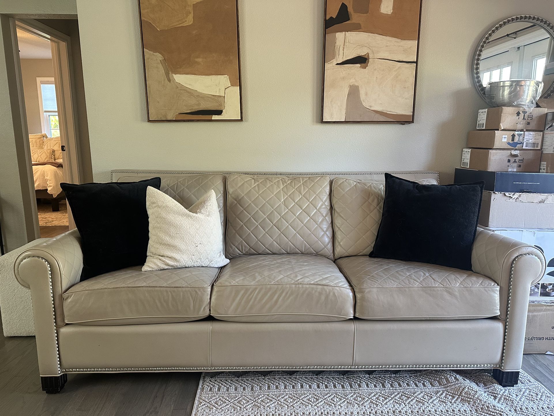 Beige Leather Sofa and Loveseat Set