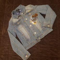 DKNY girls size small cute jean jacket small stain on sleeve, can be cleaned easily.