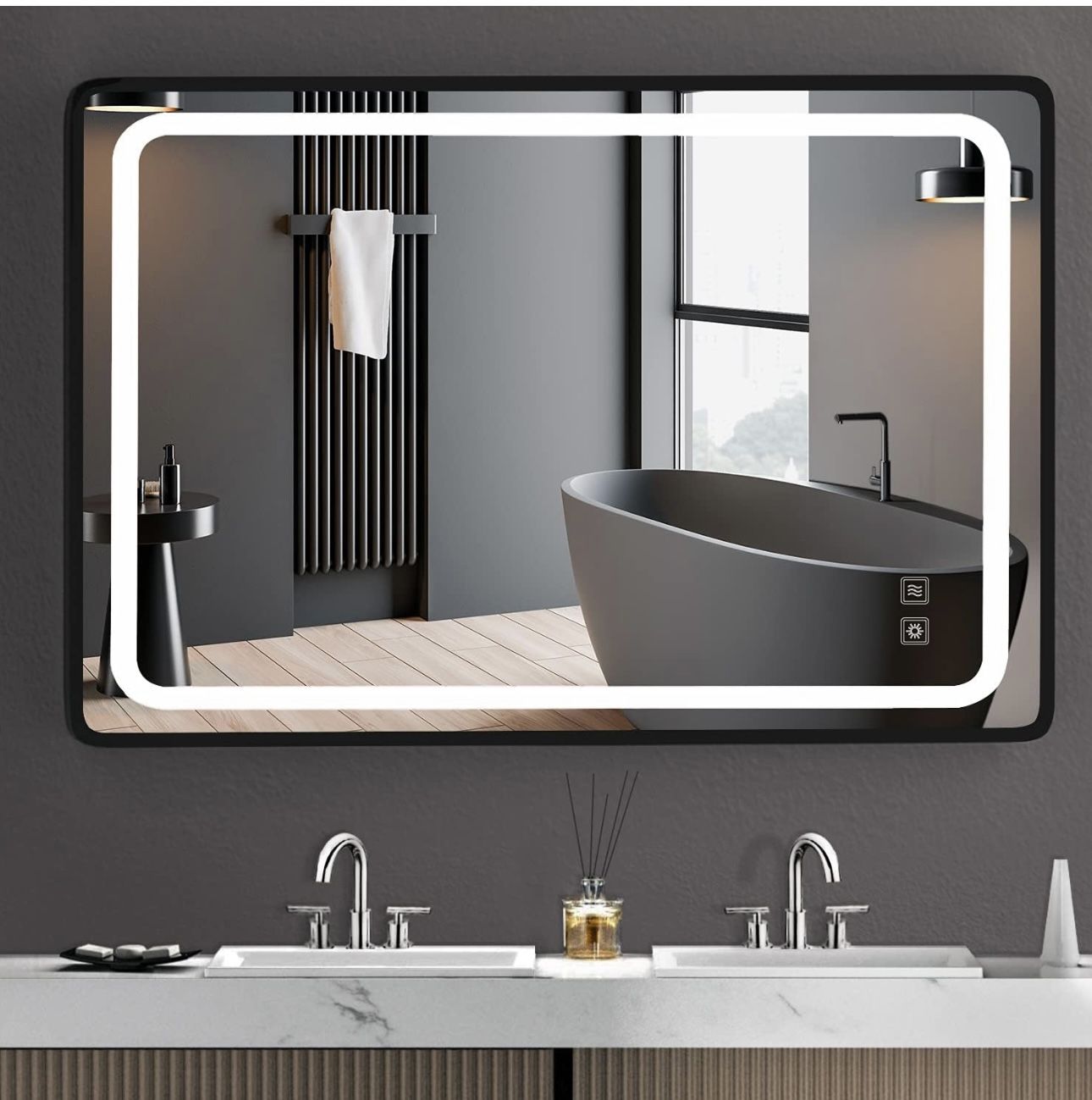 Bathroom Mirror with Arc Corner Aluminum Frame - SR SUN RISE 40x24 Inch Vanity Mirror - Dimmable Anti Fog Wall Light Mirror - Black Bathroom Makeup Mi