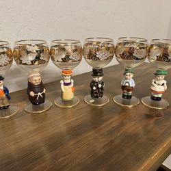 GOEBEL 6" Wine Glasses w / Hummel Figurines 14K GOLD TRIM ETCHED DESIGN Set of 6