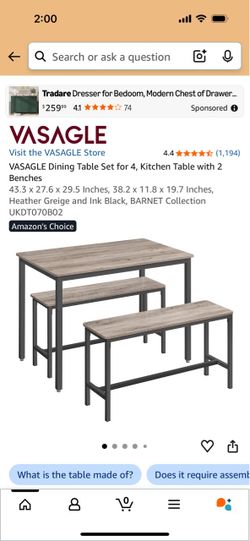 VASAGLE Dining Table Set with 2 Benches