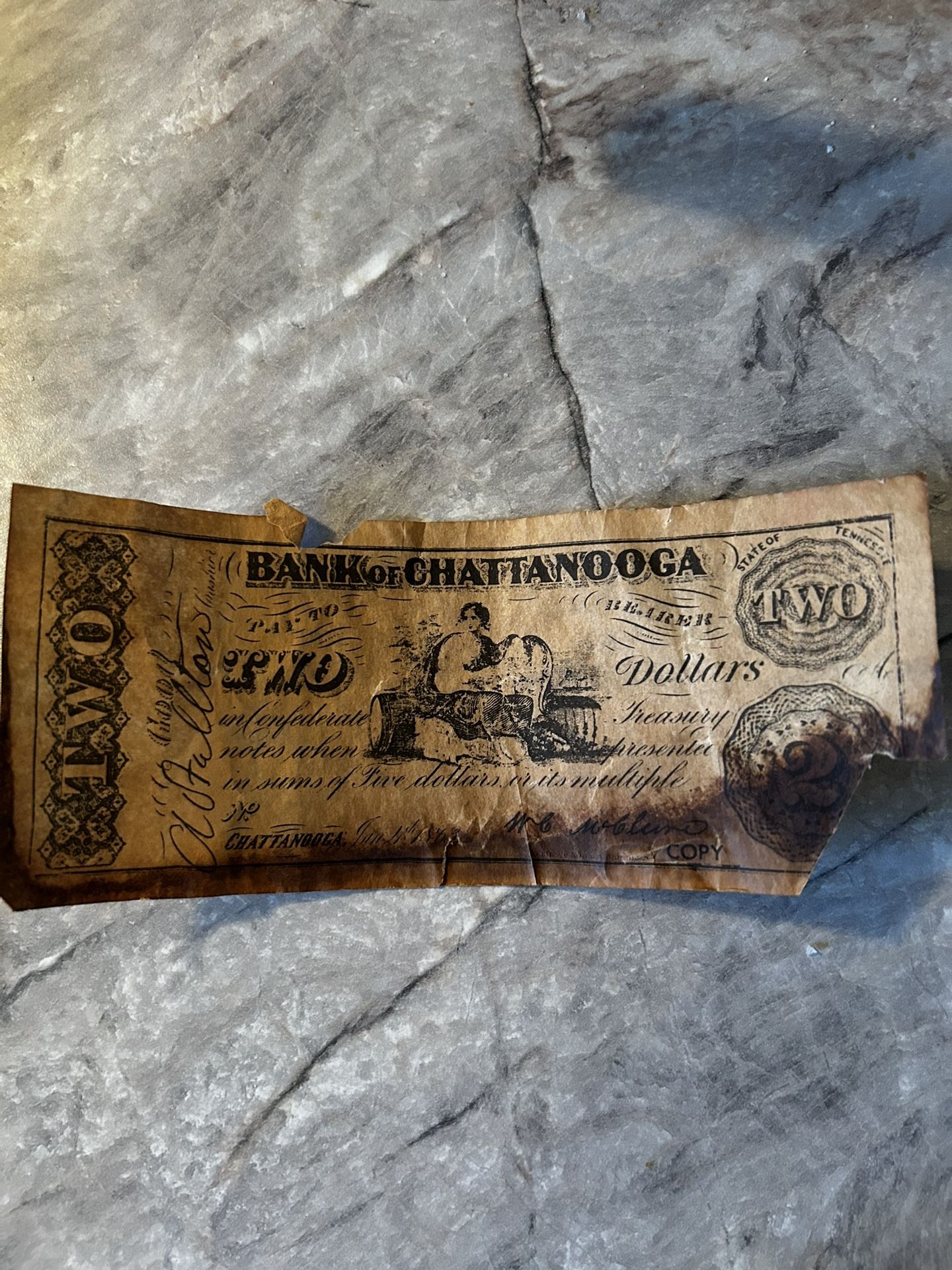 1863 $2 Bank of Chattanooga, Tennessee Obsolete Note