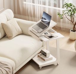 Solid Wood C Shaped End Table for Couch, White Couch Desk C Table with Wheels, Rolling Side Table with Storage, Adjustable Desktop, Rolling Tv Tray wi