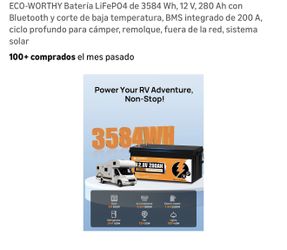 ECO-WORTHY Batería LiFePO4 de 3584 Wh, 12 V, 280 Ah con Bluetooth y corte de baja temperatura, BMS integrado de 200 A, ciclo profundo para cámper, rem