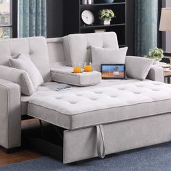 Brand New Sofa Pull Out Bed Foldable Back With Cup Holder Trade, USB Type C Outlet 4 Pillows $449