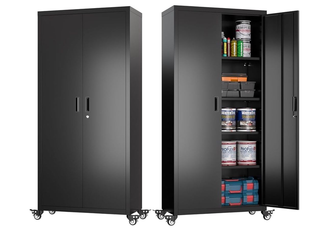 73" H Metal Storage Cabinet with Wheels, Locking Garage Tool Cabinet with 4 Shelves, Black, Assembly Required