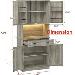 🥨Farmhouse Kitchen Pantry Cabinet With Operation Table, 72.6" Storage Cabinet With LED Lights And Power Strip, Adjustable Shelves For Dining Room