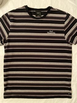 Large HUF Worldwide Short Sleeve Striped Shirt Black Grey And White Streetwear