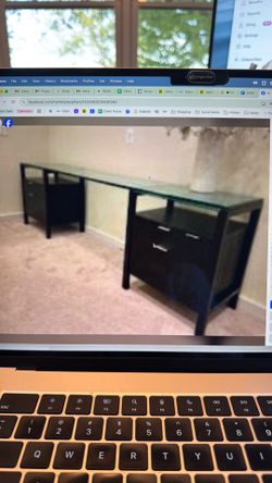 Crate and barrel, black wood glass desktop with file cabinet