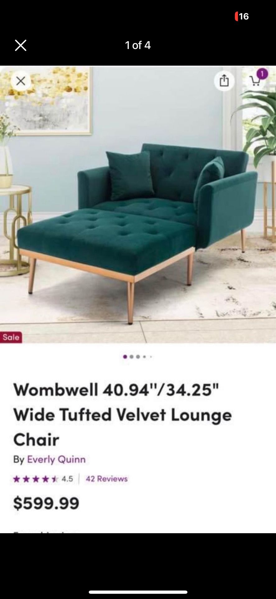 Aqua Green Velvet Chair W. Gold trim 