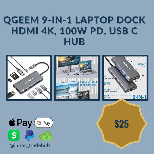 QGeeM 9-in-1 Laptop Dock HDMI 4K, 100W PD, USB C Hub