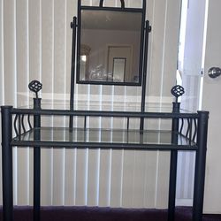 Modern Glass Console Table / Vanity Desk – Black Metal Frame