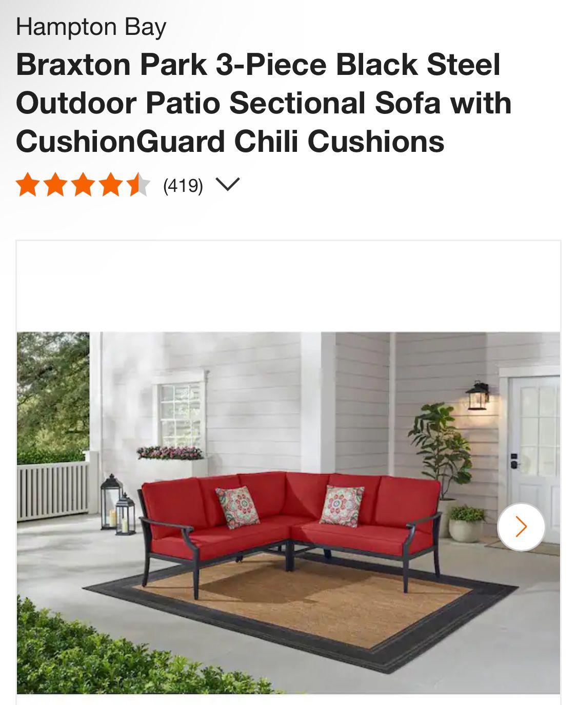 Hampton Bay Braxton Park 3-Piece Black Steel Outdoor Patio Sectional Sofa with CushionGuard Chili Cushions