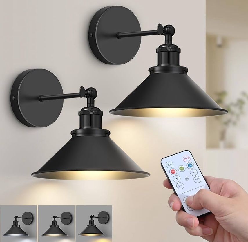 2 Black Vintage Wireless Battery Operated Wall Sconces