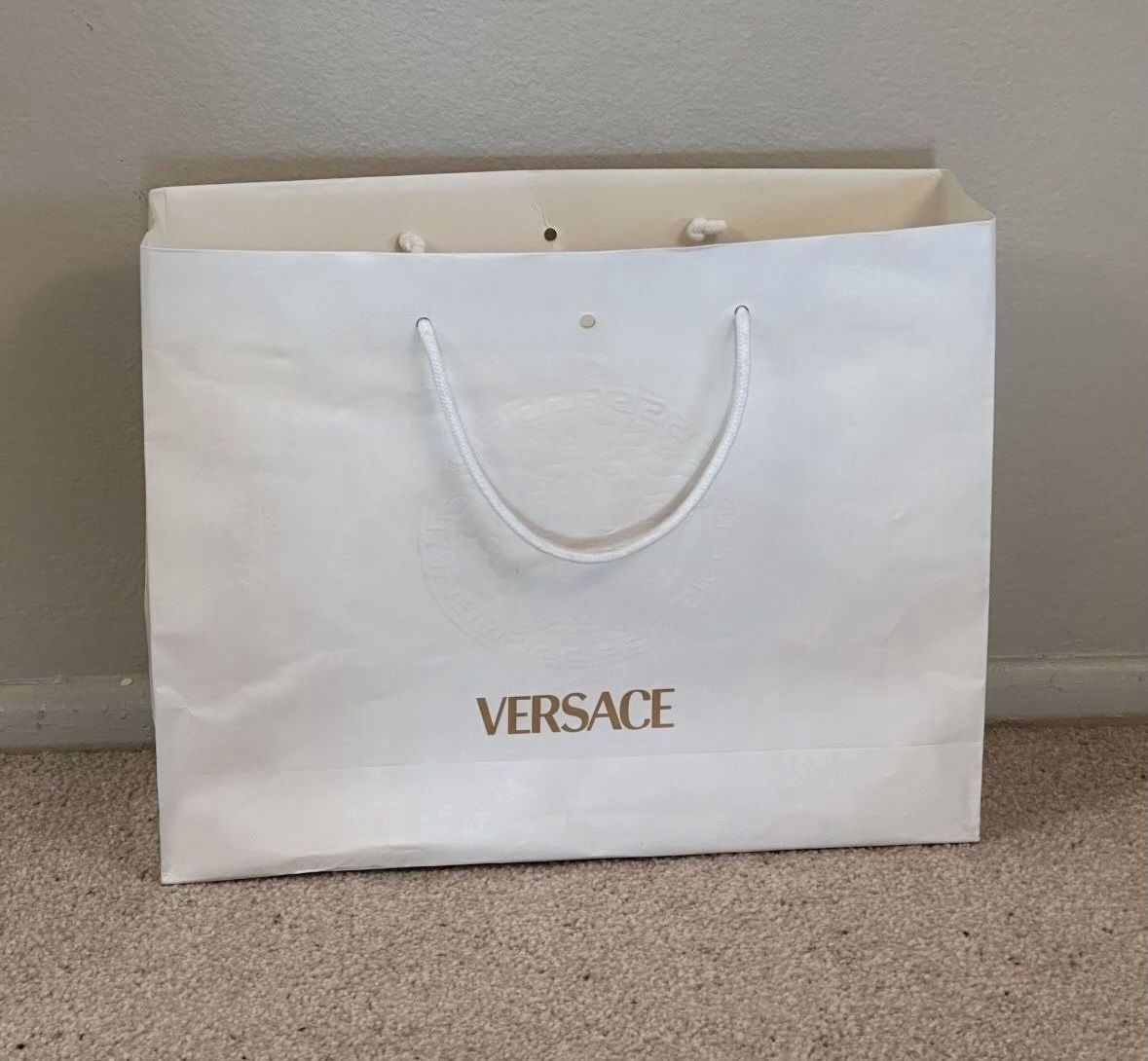 Authentic Large Vintage Well Made Versace White Gold Raised Medusa Shopping Bag