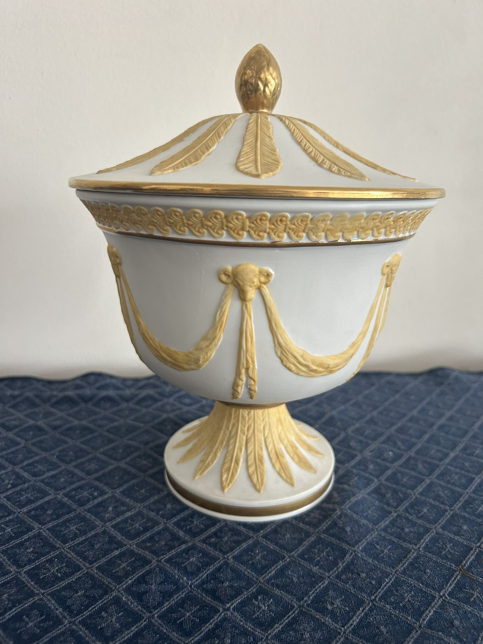 Vintage Italian Porcelain Lidded Urn - Neoclassical White & Gold - 10” Tall