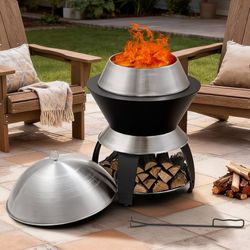 20 Inch Smokeless Firepit, Outdoor Fire Pit with Waterproof Lid, Removable Ash Pan, Handbag, 2 in 1 Stainless Steel Potable Fire Pits for Outside Wood