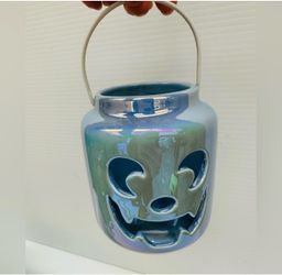 Halloween Blue Iridescent Jack O' Lantern Ceramic Candle Holder