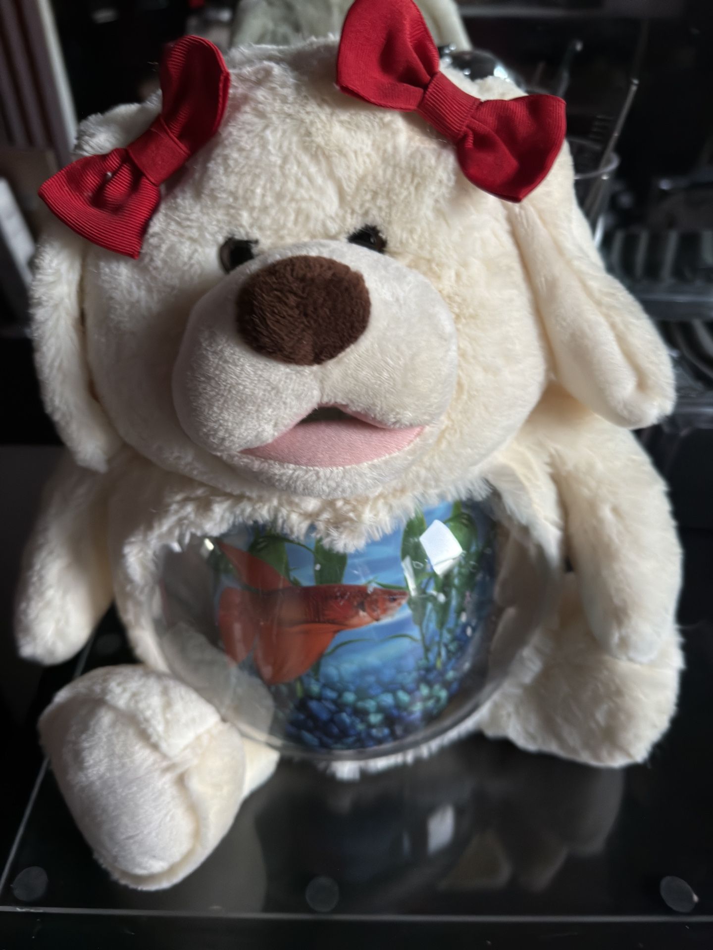 Teddy Bear Fish Tank W Removable Red Bows