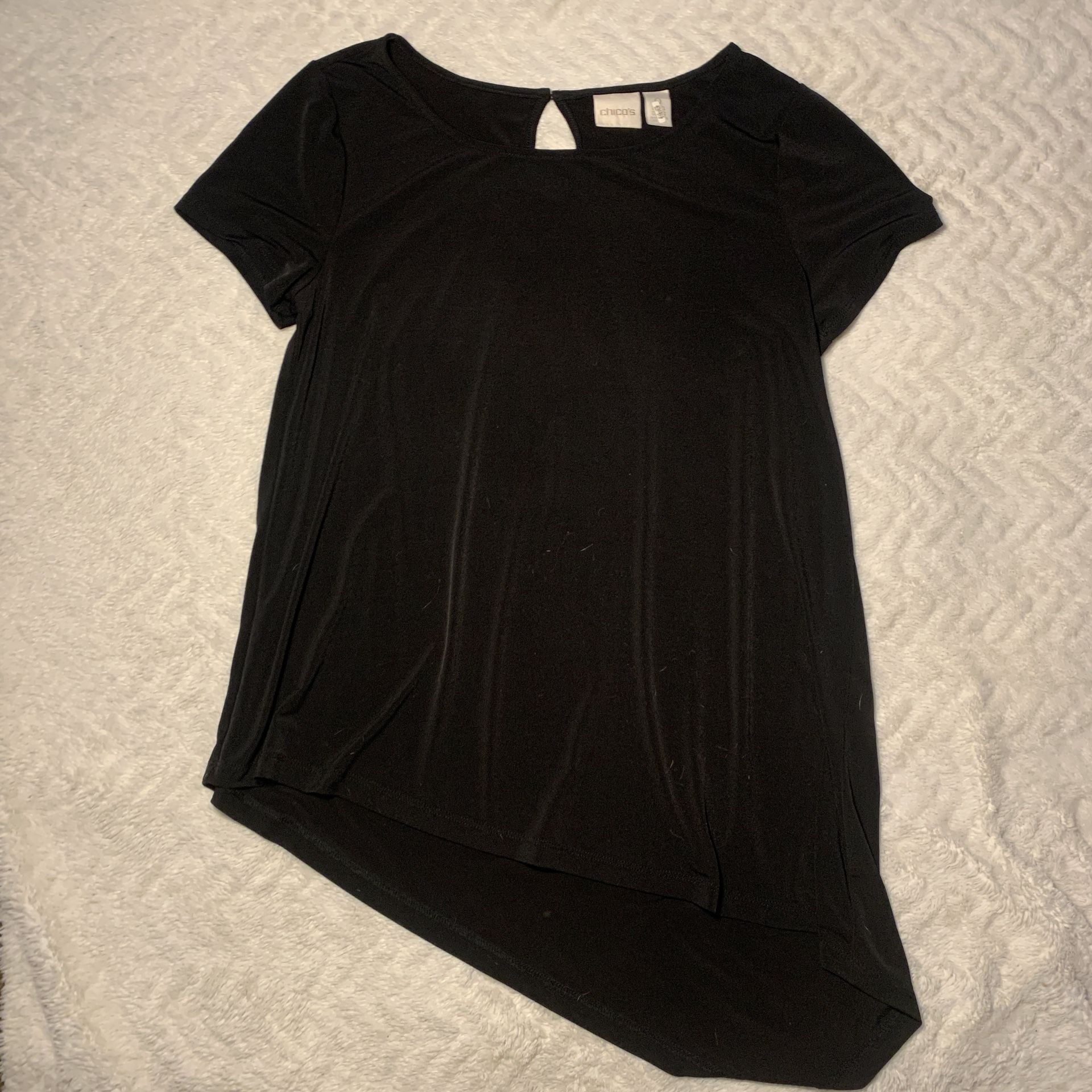 Chico’s Black Short Sleeve Asymmetrical Stretchy Tunic Top Size M