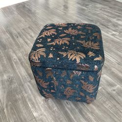 Ottoman Green And Metallic  Canvas Fabric. New With Storage. 16”c16” By 17 Tall. Hand Upholstered 