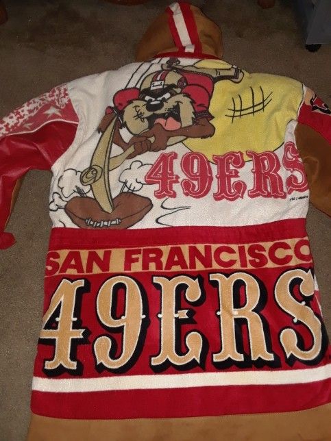 Rare Vintage 90's San Francisco 49er Taz Leather Long Coat by Cartoon Corner
