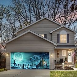 16FTx7FT Halloween Garage Door Decoration Banner - Full Moon Graveyard Backdrop for Outdoor Indoor Party Decor - Cemetery Terrain/Scenery 