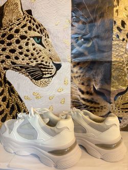 White and Light Gray Chunky Mesh Lace-Up Sneakers Size 10