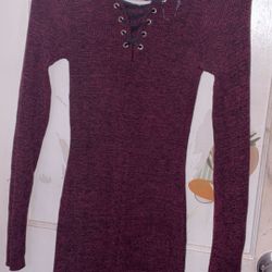 Women's Lace-Up Long Sleeve Knit Dress - Burgundy