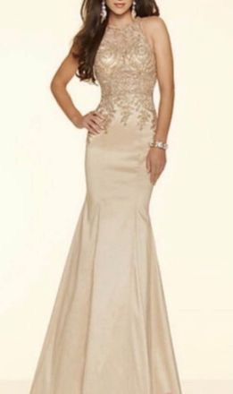 PROM DRESS - GORGEOUS Champagne Gold Hand Beaded Full Length Gown