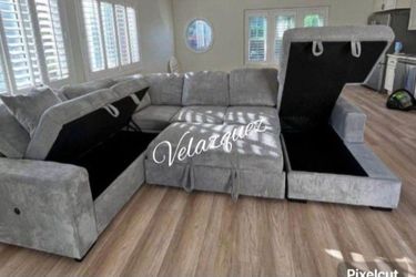 ✅️✅️4 pc Grey  corduroy fabric sectional sofa with storage chaise and love seat and pop up sleep area in center USB charging✅️✅️