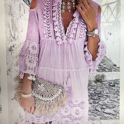 Pom-pom, Fringe & Tassle Boho Cold Shoulder Beach Dress (Dark Purple, S)