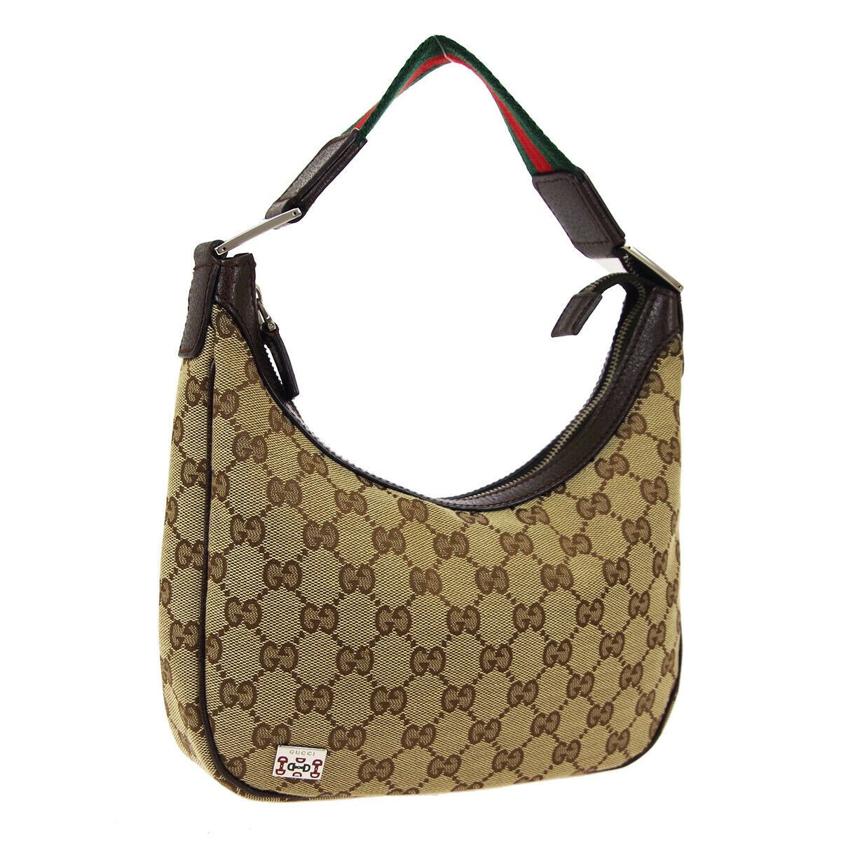 Pre Owned GUCCI GG Pattern Shelly Line Hand Bag Brown Canvas Leather